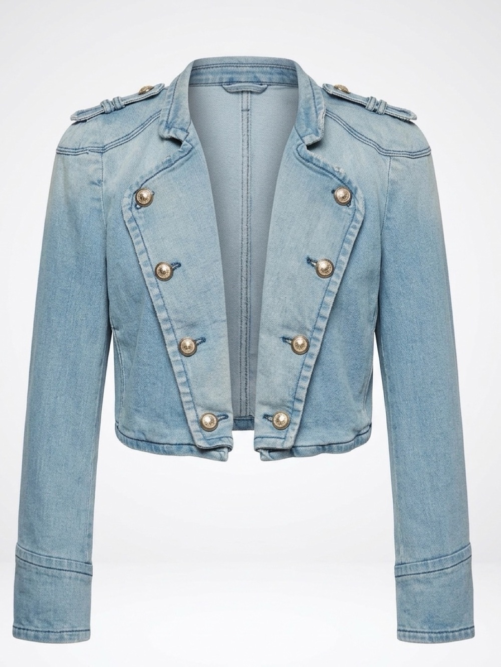 Zara Denim Military Cropped Jacket, Distressed, metal buttons, L, GUC